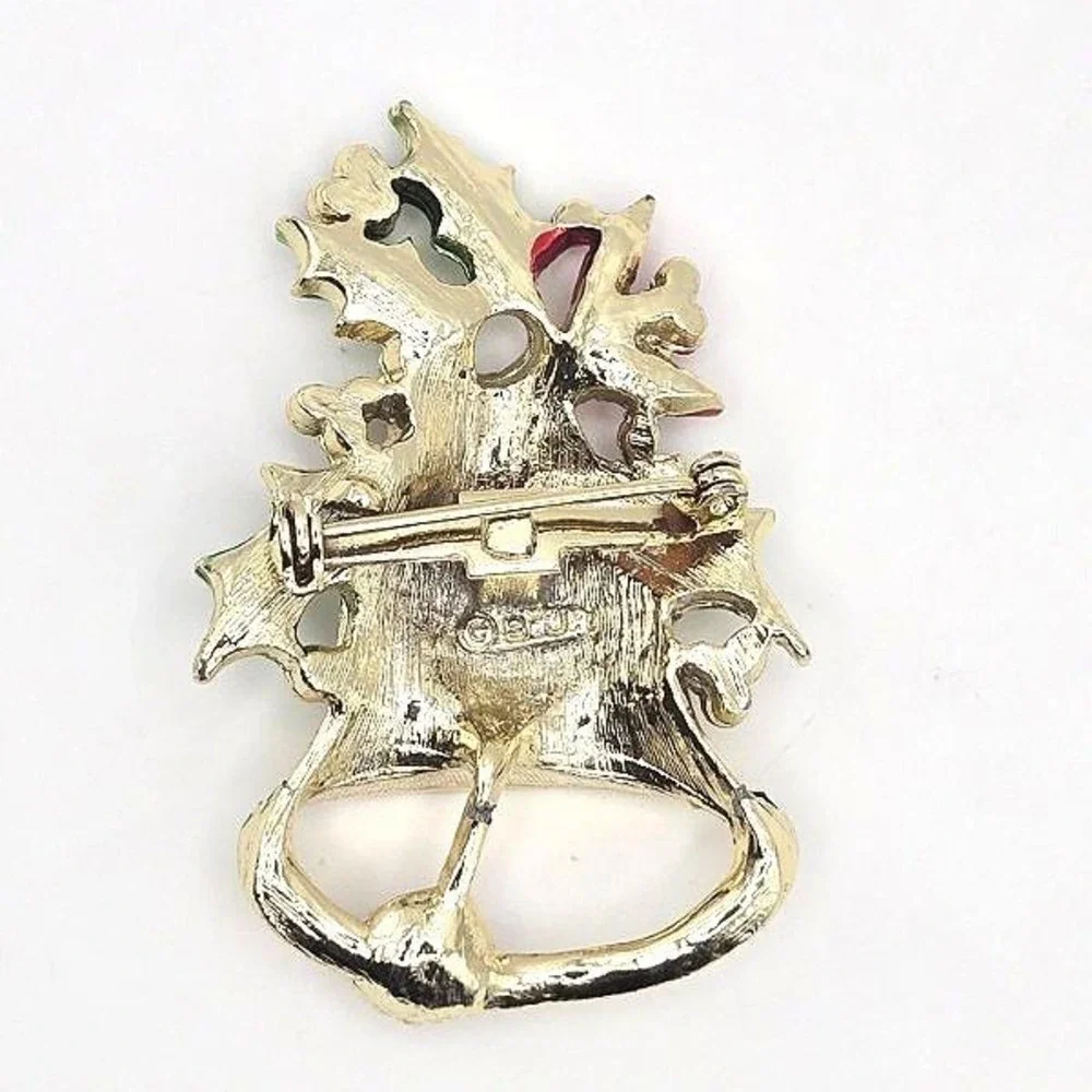 Vintage BJ Christmas Bell Brooch Pin Holly Leaf Holiday‎ Enamel Jewelry